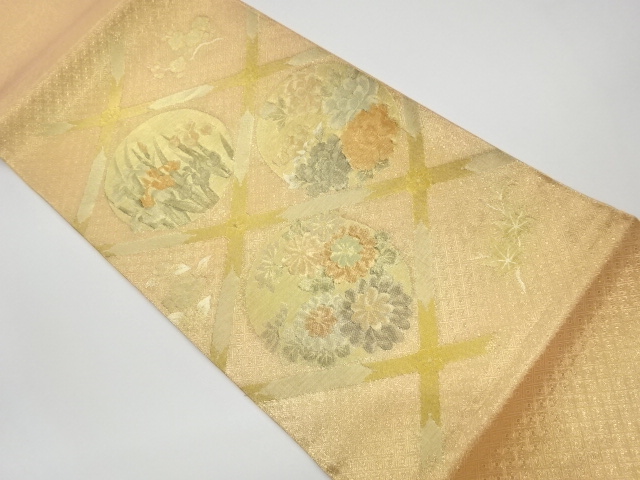 リサイクル　佐賀錦格天井に花々模様織出し袋帯